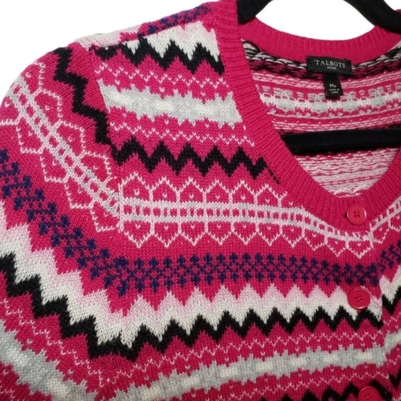 Talbots Fair Isle Lambswool Blend Cardigan Sweater Women Sz MP Pink Button Front - Picture 3 of 9